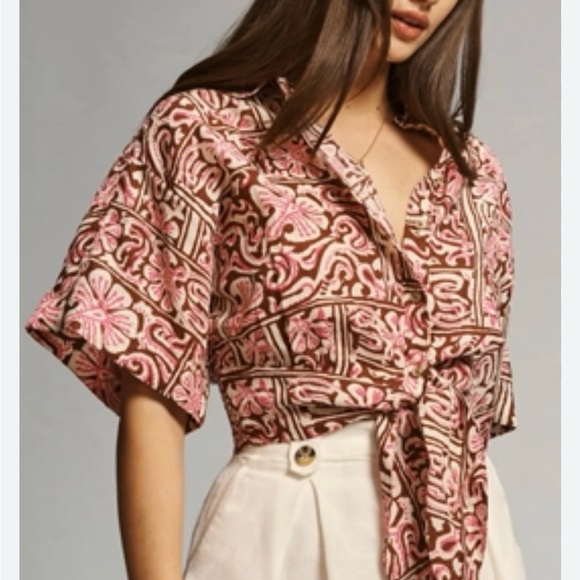 Anthropologie Tie-Front Linen Top in Brown And Pink XL New - Picture 2 of 11